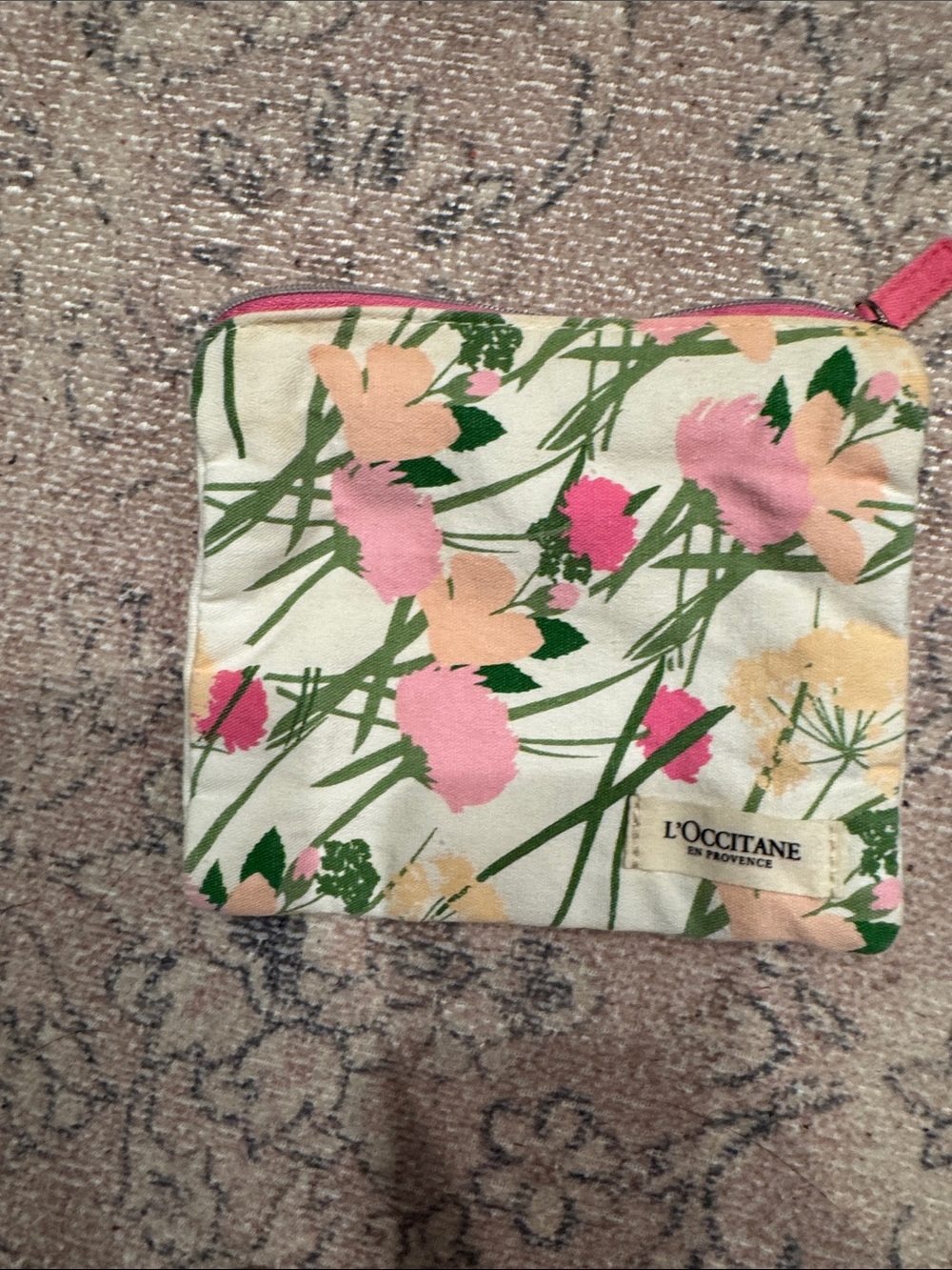 L'OCCITANE Cream Floral Cosmetic Pouch with Pink and Green Print